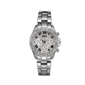 Luxury silver women's quartz watch with crystal bezel and classic Roman numeral dial