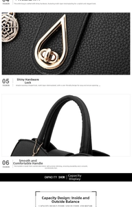 Detailed view of black lychee leather handbag featuring golden hardware and stitching