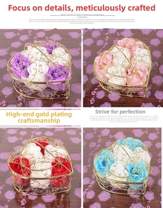 Four-grid display of heart-shaped gold wire baskets with assorted colorful soap roses