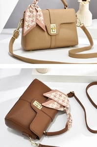 Detail of lychee pattern leather bags with metal twist locks and houndstooth scarves