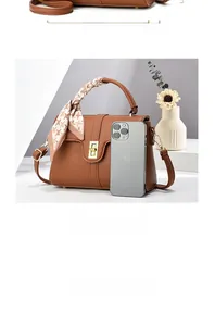 Brown litchi texture PU leather handbag size 24cm vs phone comparison with scarf handle