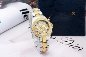 Detailed macro of two-tone crystal bezel watch with Roman numerals on Miss Fox dial