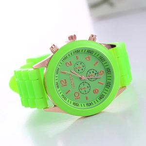 Close-up of Geneva silicone watch showing rose gold casing and lime green strap details