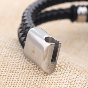 Minimalist double-layer braided black leather bracelet with silver sliding steel clasp