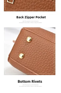 Brown litchi leather bag detail with rear zipper pocket and gold protective base studs