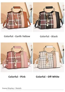 Detailed grid showing mini plaid crossbody bags in mustard, black, pink and off-white