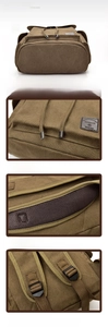 Detailansicht des khakifarbenen Canvas-Rucksacks mit Netzgurten und Kordelzugverschluss