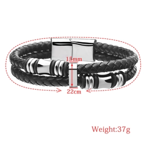 22cm double-layer braided black leather bracelet with magnetic buckle and gold accents