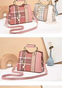 Detailed pink and beige plaid handbags with metal ring handles and detachable straps