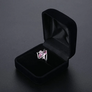 Pink marquise zircon ring with silver band displayed in a premium black velvet jewelry box