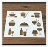 Detailed overhead view of 20-piece plastic stencils with kitchen icons on wood surface