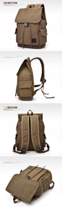 Detailansicht eines braunen Leinwand-Rucksacks mit Lederriemen und Mesh-Schultergurten