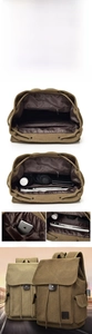 Detailansicht des Kordelzugverschlusses und der organisierten Innenfächer des Canvas-Rucksacks