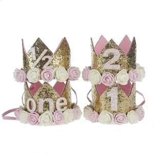 Sparkly gold crown headbands with colorful foam flowers for baby birthday parties