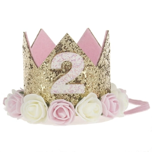 Detail of baby crown headband with pink roses and glitter number 2 for 2nd birthday