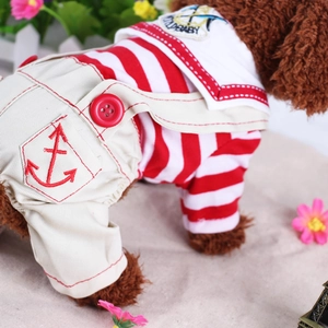 Detail of red striped pet outfit with anchor patch and navy style suspender trousers