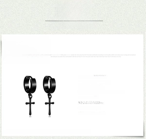 Detailed view of black titanium steel cross hoop earrings with size and weight info