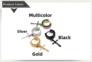 Cross dangle hoop earrings in rainbow, silver, black and gold stainless steel finishes