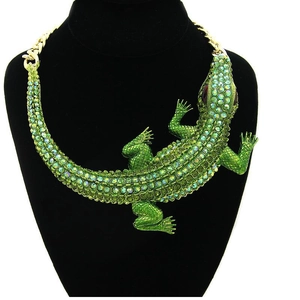 Crocodile Pendant Necklace Green Rhinestone Inlaid Alloy Animal Statement Choker Vintage Gold Tone Hip Hop Jewelry Women