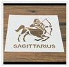 Detailed Sagittarius stencil for coffee art on rustic wood grain surface