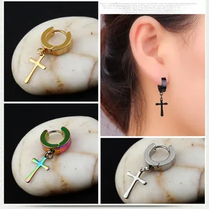 Detailed set of four stainless steel cross hoop earrings in gold, silver, black and rainbow