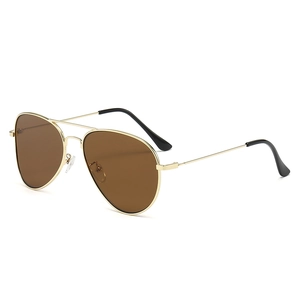 Classic aviator sunglasses with gold metal frame and brown lenses on white background