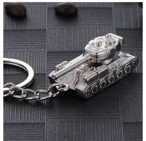Close-up of a silver tank model keychain featuring detailed metallic craftsmanship