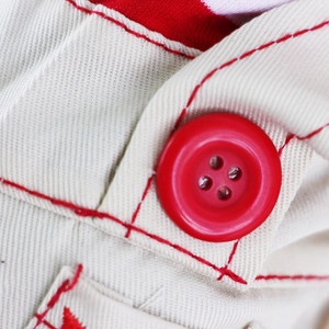 Detail of beige dog clothing featuring red stitching, durable twill fabric and plastic buttons