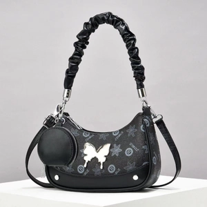 Women Printed PU Leather Shoulder Bag Butterfly Decor Scrunchie Handle Detachable Mini Coin Purse Hobo Crossbody Bag