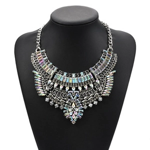 Detailed close-up of multilayered crystal fringe necklace with AB colorful gemstones