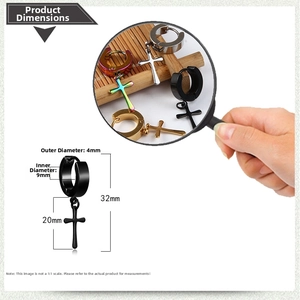 Detailed view of stainless steel cross hoop earrings with precise size measurements