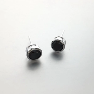 Classic pair of round black zircon stud earrings with silver 925 bezel setting