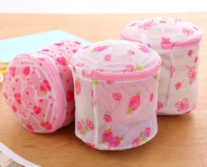 Cylindrical fine mesh laundry bags for bras with pink strawberry and rose prints