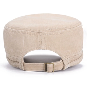 Adjustable khaki canvas flat top military cap with vintage bronze buckle back view