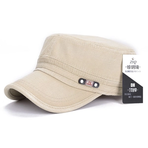 Classic beige flat top military cap in washed cotton canvas with side brand plaque