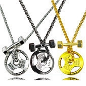 Detailed view of dumbbell and weight plate necklaces in silver, black, and gold finishes