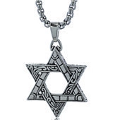 Macro detail of 18K gold hexagon star pendant with vintage textures on round box chain