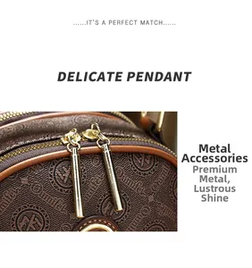 Close-up of brown printed crossbody bag with dual zippers and gold-tone metal pendants