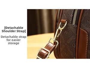 Close-up of golden metal buckle and adjustable shoulder strap on small brown crossbody bag