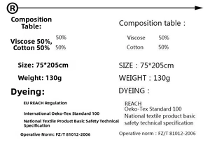 Detail chart of 75x205cm striped cotton scarf with material specifications and certifications