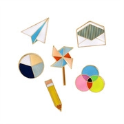 Detailed set of 6 cartoon enamel pins featuring paper plane, envelope, and pencil designs
