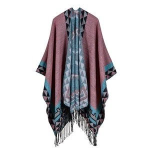 Women's Reversible Faux Cashmere Shawl Poncho With Tassels Geometric Tribal Print Thick Warm Oversized Open Front Cape Wrap