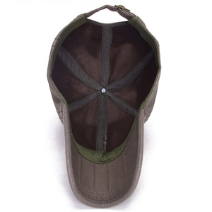 Inside view of washed cotton baseball cap with six-panel structure and metal buckle