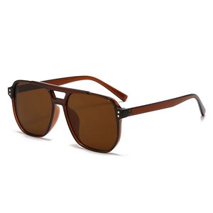 Fashion double bridge square aviator sunglasses in amber brown with gold rivet accents