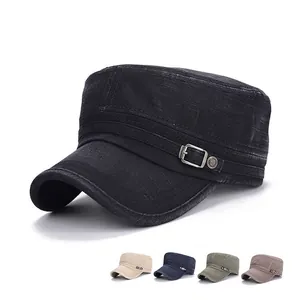 Vintage Washed Cotton Canvas Cadet Cap Military Style Flat Top Hat Adjustable Outdoor Sun Protection For Men
