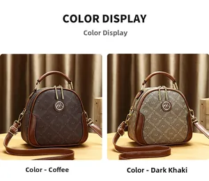 Detail view of the elegant coffee and khaki leather monogram crossbody bag texture