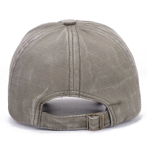 Rear view of vintage washed cotton baseball cap with adjustable brass buckle in grey-green