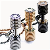 Macro view of dumbbell pendants in silver, gold, and black with LIVE LIFT engraving