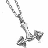 Macro detail of silver dumbbell pendant necklace with polished metallic finish and link chain