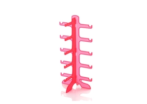Close-up of a vibrant rose red 5-tier acrylic sunglasses display stand with stable base
